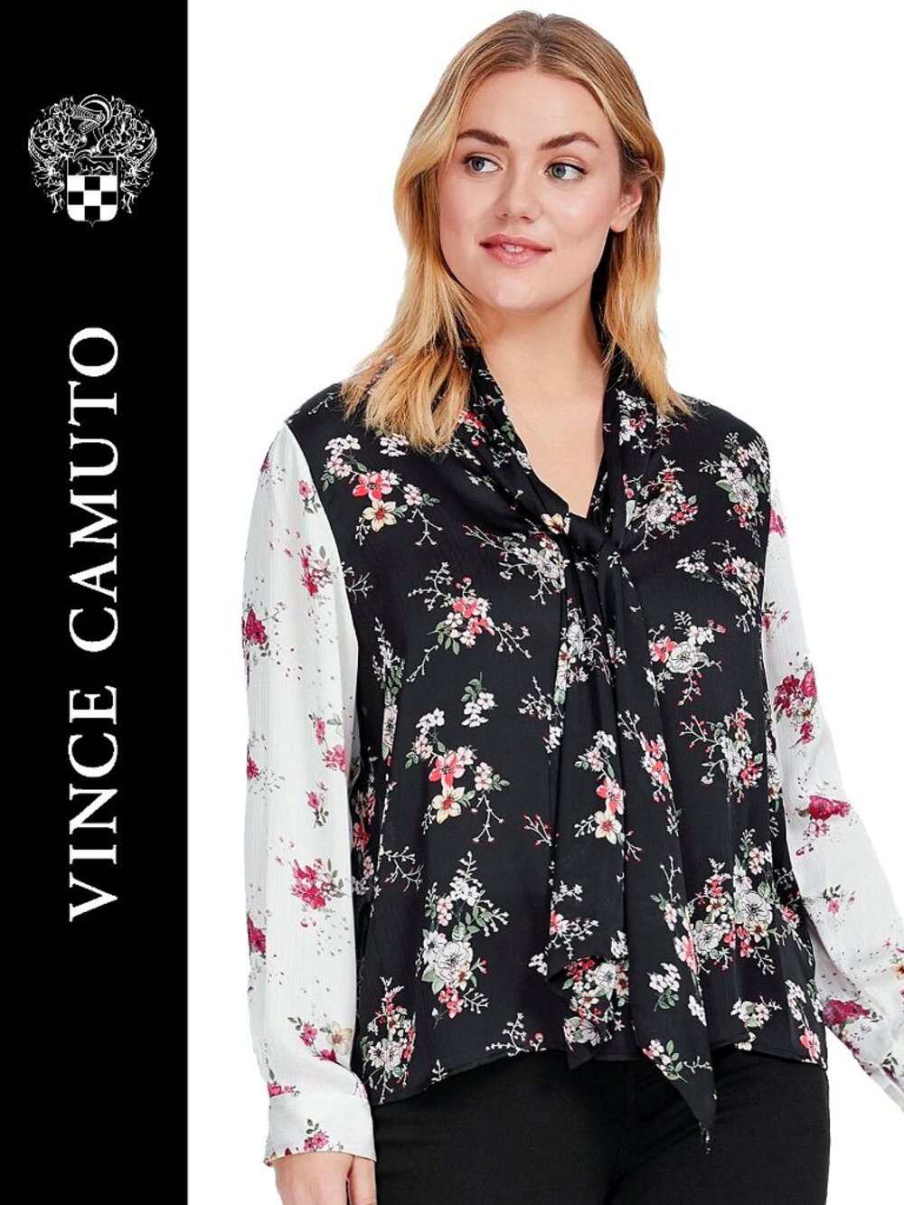 VINCE CAMUTO ~ 1X Floral Chiffon Tie-Neck Blouse ~ VGUC